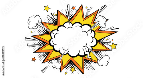 Comic style cartoon explosion with stars and smoke.