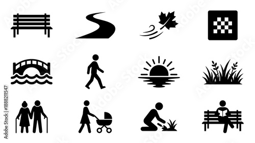 A collection of black and white icons representing public park activities including walking gardening reading on a bench and enjoying nature scenes like sunsets