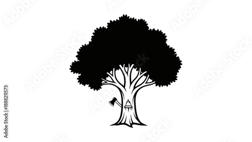 Iconic vector silhouette of a tree featuring a subtle stylized lumberjack axe mark. transparent.