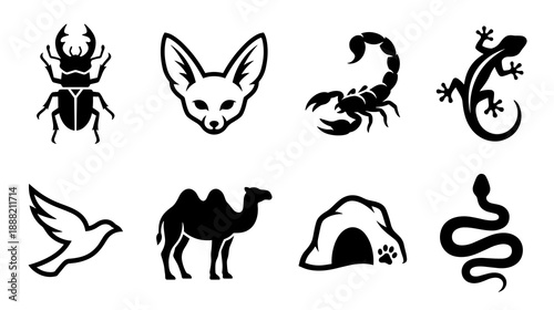 Collection of black minimalist vector icons representing desert animals including a camel fennec fox scorpion snake lizard beetle bird and a rocky animal den