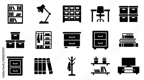 A collection of black silhouette icons representing various interior furniture items including filing cabinets wardrobes books television stands and shelving units for organization and decor
