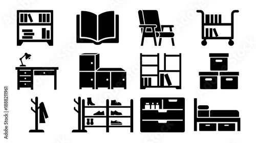 Comprehensive set of black silhouette icons representing various household furniture items like beds desks storage cabinets bookshelves and organizers for interior design and home planning projects