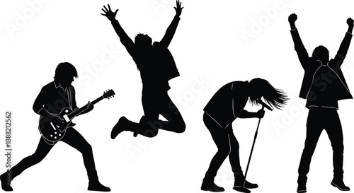 Rock band performance silhouette set featuring guitarist, singer, jumping musician, and energetic stage poses in black vector style for music, concert, and entertainment design