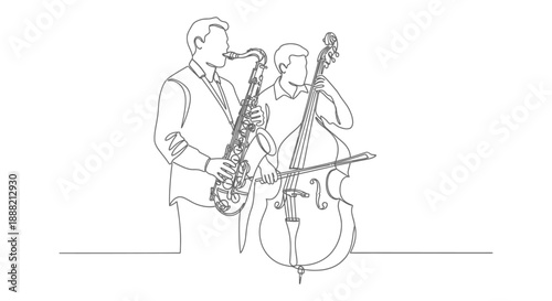 minimalist line art illustration featuring two jazz musicians playing saxophone and double bass for concert posters and music branding