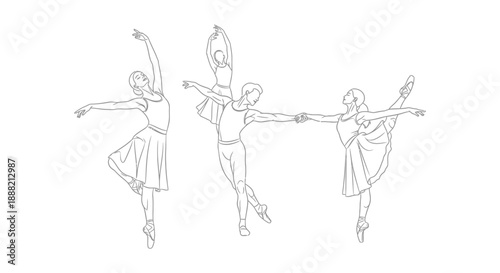 line art ballet dancers illustration featuring male and female figures performing elegant classical dance poses perfect for artistic design projects.