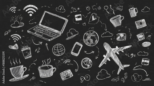 Creative chalkboard illustration featuring various travel and technology icons, including a laptop, airplane, coffee cups, and global elements, symbolizing connectivity and modern lifestyle
