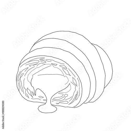 Hand-drawn line drawing of a croissant half with filling leaking out. Minimalistic vector illustration of baked goods for a bakery or cafe menu. Croissant with filling. Croissant in sketch style.