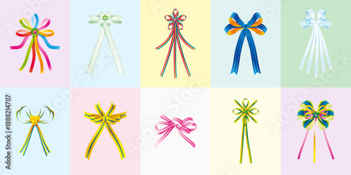 Collection of elegant long tail ribbons and decorative bows including colorful streamers floral accents striped patterns and multi layered designs
