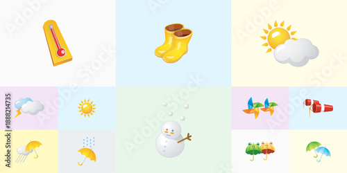 Collection of weather and seasonal forecast icons including yellow rain boots thermometer snowman sun with clouds lightning bolt windsock and colorful umbrellas