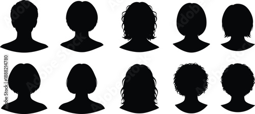 Black silhouette profiles of diverse human heads with unique hairstyles arranged in rows representing identity, diversity, anonymity, and digital avatars