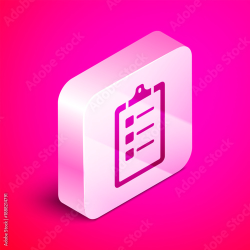 Isometric Grooming salon price list icon isolated on pink background. Silver square button. Vector