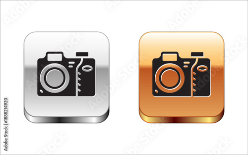 Black Photo camera icon isolated on white background. Foto camera icon. Silver and gold square buttons. Vector