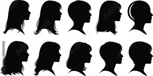 Black silhouette profiles of diverse female heads with different hairstyles arranged in rows representing beauty, fashion, identity, diversity, and anonymity