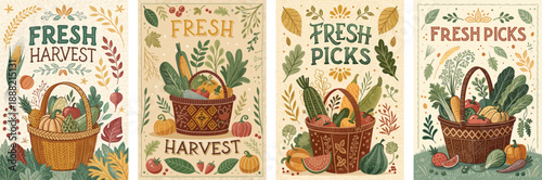 Colorful illustrations of fresh harvests in decorative baskets, featuring autumn produce.