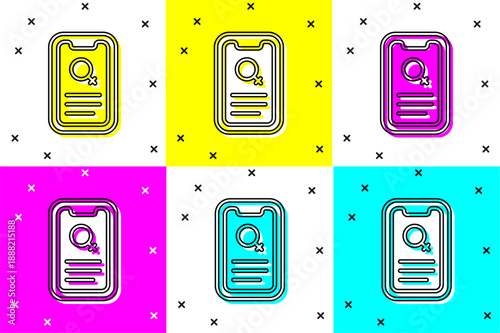 Set Dating app online mobile concept icon isolated on color background. Female male profile flat design. Couple match for relationship. Vector