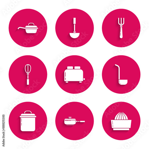Set Toaster with toasts, Frying pan, Citrus fruit juicer, Kitchen ladle, Cooking pot, whisk, Fork and icon. Vector