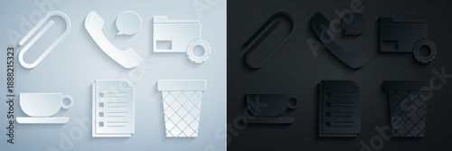 Set File document, Folder settings with gears, Coffee cup flat, Trash can, Telephone handset and speech bubble chat and Paper clip icon. Vector