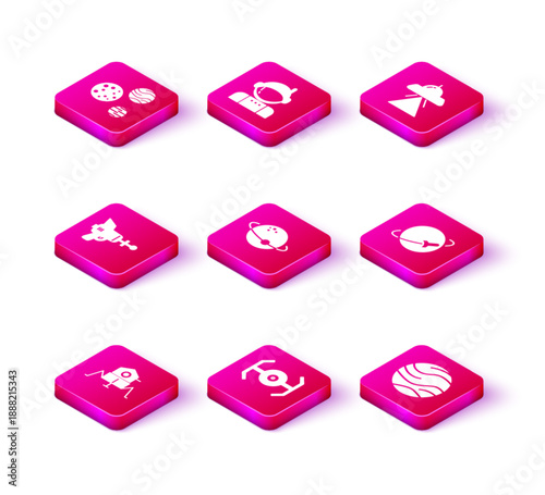 Set Mars rover, Cosmic ship, Ray gun, Planet, UFO flying spaceship and Astronaut icon. Vector