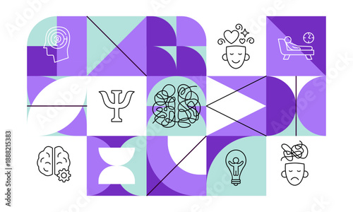 Mental Health Line Art Geometrical Concept. Vector Banner Illustration. Minimal Outline Composition for Psychology Session and Therapy.