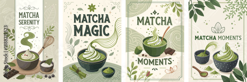 Colorful matcha themed illustrations showcasing beautifully crafted matcha drinks.
