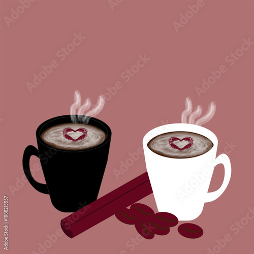 Two Cups of Hot Coffee with Foamed Hearts of Cinnamon, Coffee Beans and Cinnamon