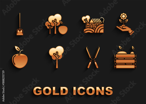 Set Tree, Hand holding flower, Wooden box for fruits vegetables, Gardening handmade scissors trimming, Apple, Farm House concept, Shovel and with apple icon. Vector