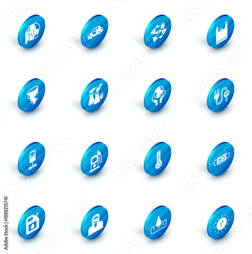 Set Car, Dead fish, Plastic bag, Tornado, Trash can, Smoke from factory, Electric saving plug in leaf and Hands holding Earth globe icon. Vector