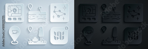Set City map navigation, Great Bear constellation, Location with coffee cup, Infographic city, Broken road and Gps device icon. Vector