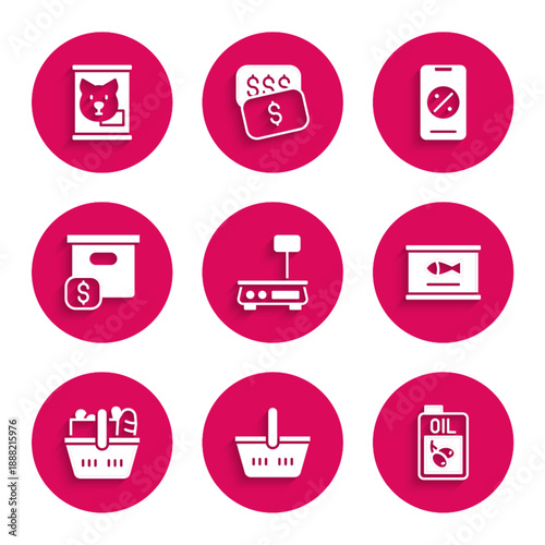 Set Electronic scales, Shopping basket, Bottle of olive oil, Canned fish, and food, Carton cardboard box with price, Percent discount mobile and icon. Vector