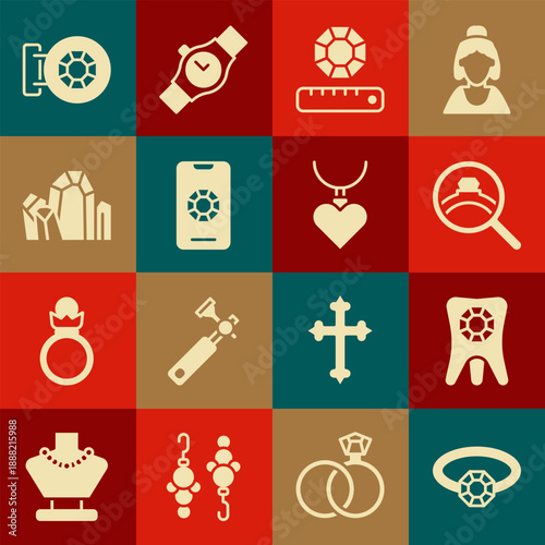 Set Diamond engagement ring, Tooth with diamond, Gem stone, Jewelry online shopping, store and Necklace heart shaped pendant icon. Vector