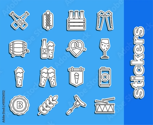 Set line Musical instrument drum and drum sticks, Beer can, Glass of beer, Pack bottles, glass, Wooden barrel on rack with stopcock, Crossed and Pretzel icon. Vector