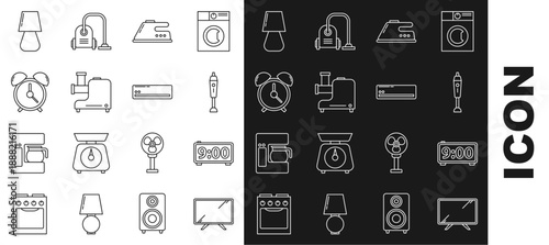 Set line Smart Tv, Digital alarm clock, Blender, Electric iron, Kitchen meat grinder, Alarm, Table lamp and Air conditioner icon. Vector