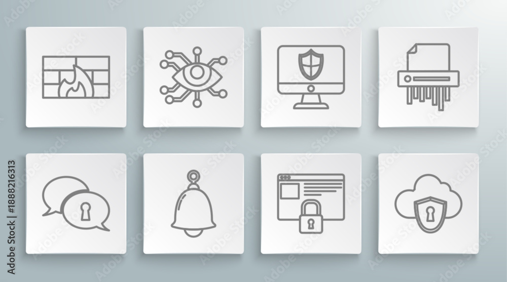 Fototapeta premium Set line Protection of personal data, Eye scan, Ringing bell, Secure your site with HTTPS, SSL, Cloud and shield, Computer monitor, Paper shredder confidential and Firewall, security wall icon. Vector