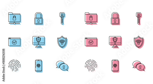 Set line Fingerprint, FTP folder and lock, Protection of personal data, Computer monitor shield, Shield WiFi wireless internet network, Secure your site HTTPS, SSL and Lock icon. Vector
