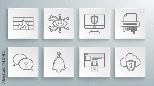 Set line Protection of personal data, Eye scan, Ringing bell, Secure your site with HTTPS, SSL, Cloud and shield, Computer monitor, Paper shredder confidential and Firewall, security wall icon. Vector