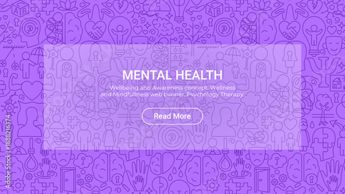 Mental Health Line Art Website Banner. Vector Illustration of Linear Poster. Psychology Icons. Minimal Outline Design.