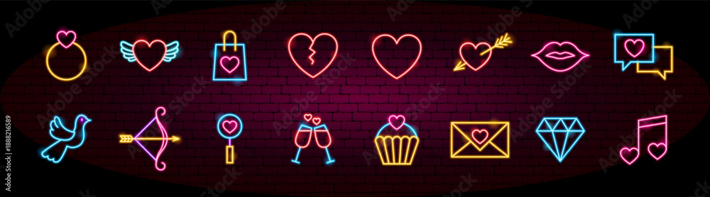 Fototapeta premium Happy Valentine Day Neon Objects. Vector Illustration of Glowing Led Lamp Love Romance Holiday Icons. Big Symbols Set. Heart, Wedding, Couple.