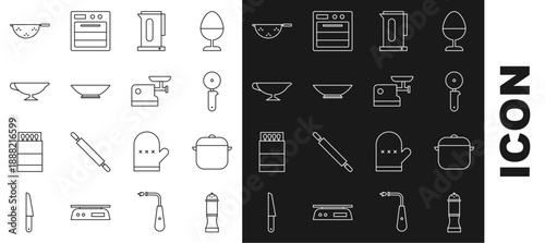 Set line Pepper, Cooking pot, Pizza knife, Kettle with handle, Bowl, Sauce boat, Kitchen colander and meat grinder icon. Vector