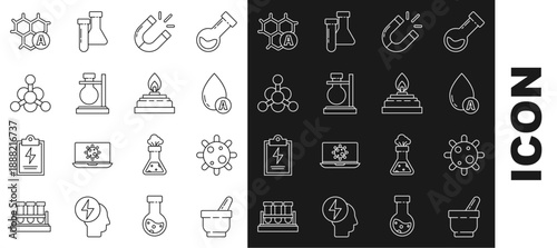 Set line Mortar and pestle, Bacteria, Water drop, Magnet, Test tube flask on stand, Chemical formula and Alcohol spirit burner icon. Vector