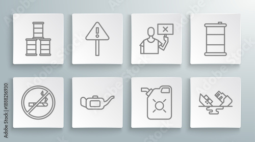 Set line No Smoking, Exclamation mark triangle, Canister for motor oil, Wrecked tanker ship, Nature saving protest, Barrel and icon. Vector