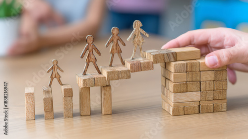 Building figures climb a wooden staircase during winter storm 2026 with snowmageddon conditions impacting the area