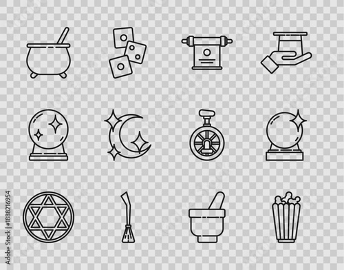 Set line Star of David, Popcorn in box, Magic scroll, Witches broom, cauldron, Moon and stars, mortar pestle and ball icon. Vector