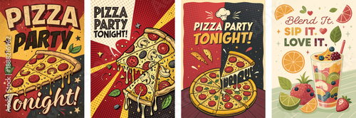 Colorful retro-style pizza party posters featuring delicious pizza and drinks.