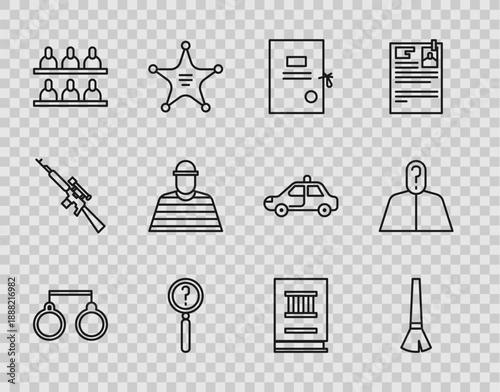 Set line Handcuffs, Paint brush, Lawsuit paper, Magnifying glass with search, Jurors, Prisoner, book and Anonymous question mark icon. Vector