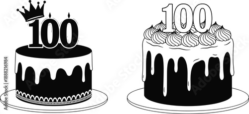 100th Birthday Cake Illustration Set Featuring Elegant Celebration Cakes with Number Candles, Cream Topping, and Decorative Design for Anniversary, Party, and Event Graphics