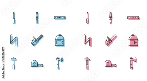 Set line Hammer, Roulette construction, Screwdriver, Wooden axe, Chainsaw, Paint bucket, Folding ruler and Chisel tool for wood icon. Vector