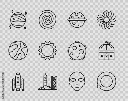 Set line Space shuttle and rockets, Satellites orbiting the planet Earth, Planet Venus, Rocket launch from spaceport, Sun, Alien and Astronomical observatory icon. Vector
