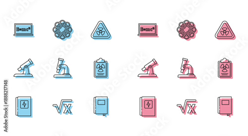 Set line Electrical panel, Square root of x glyph, Equation solution, Book, Microscope, Radiation warning document, Telescope and Atom icon. Vector