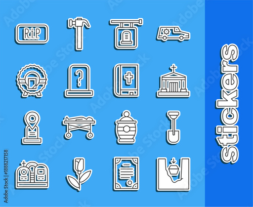 Set line Coffin in grave, Shovel, Old crypt, Signboard tombstone, Grave with, Memorial wreath, Speech bubble rip death and Holy bible book icon. Vector
