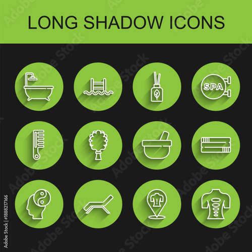 Set line Yin Yang, Sunbed and umbrella, Bathtub, Massage, stone therapy, Sauna broom, Towel stack and Mortar pestle icon. Vector